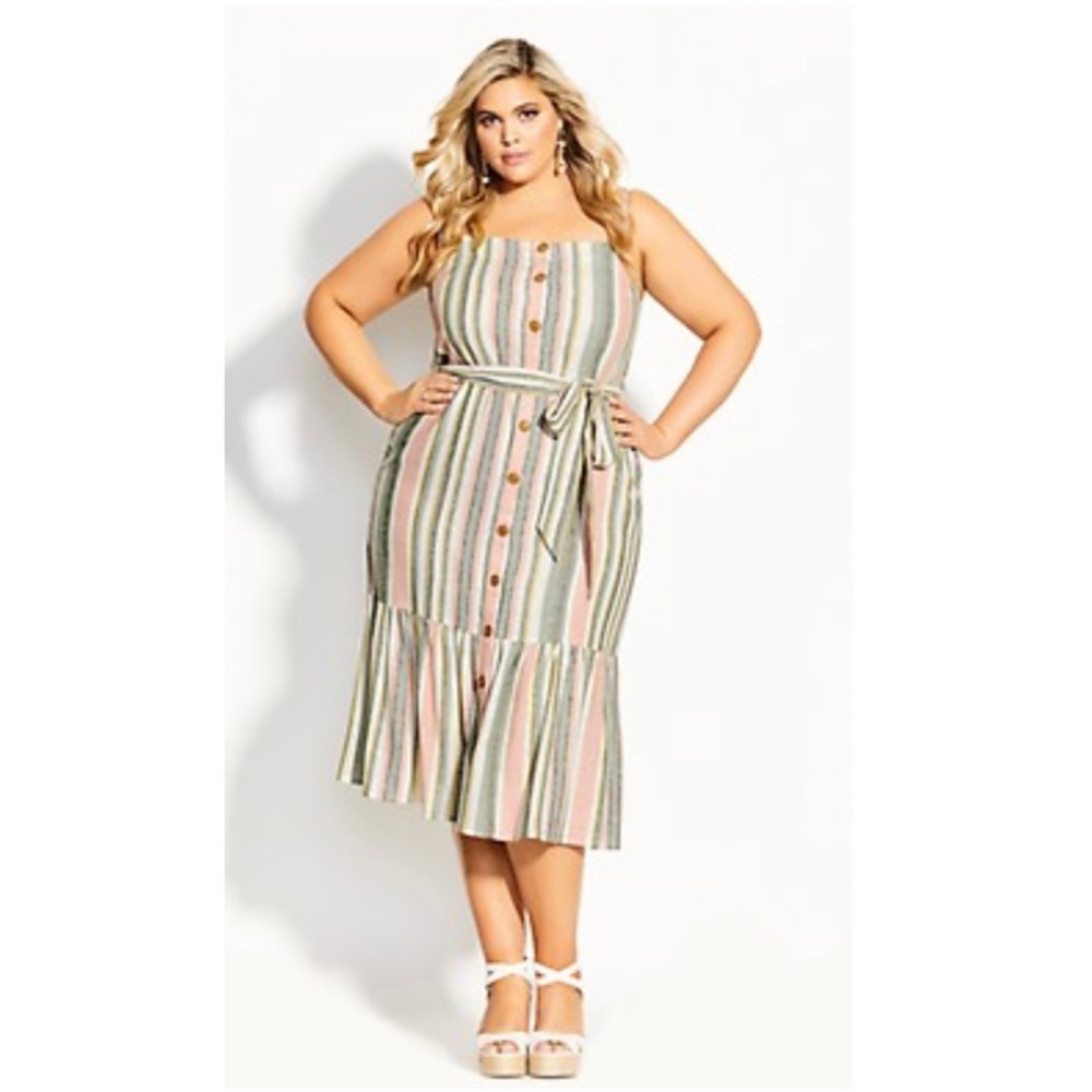 CITY CHIC Maxi Wild Stripe Buttons Dress in Sage Stripe